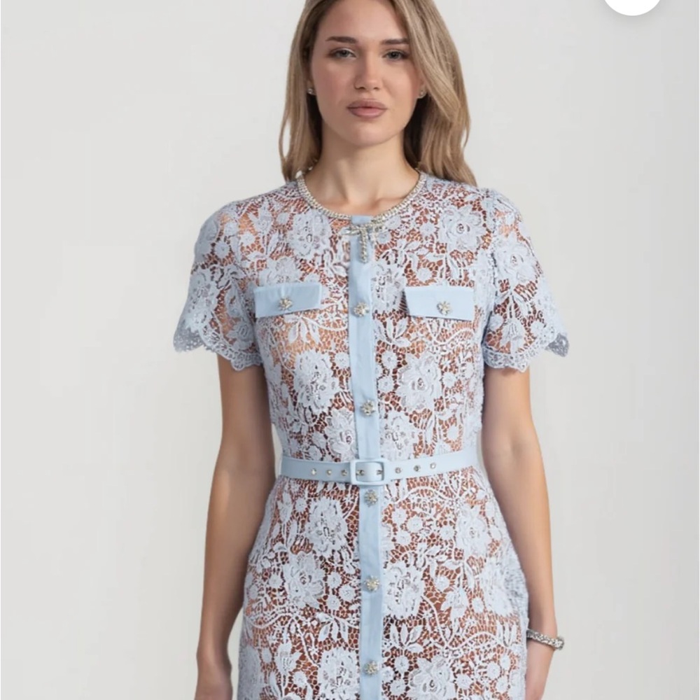 Elegant Blue Lace Midi Dress with belt